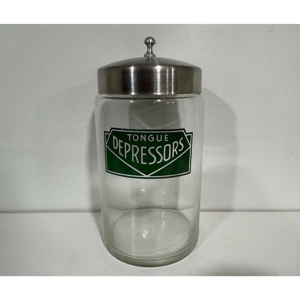 Vintage Profex Tongue Depressors Medical Apothecary Jar Glass Lid Art Deco Green
